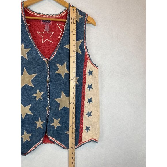 90s Patriotic Knit Sweater Vest Cambridge Country Store Stars Womens L Vintage - Picture 7 of 7